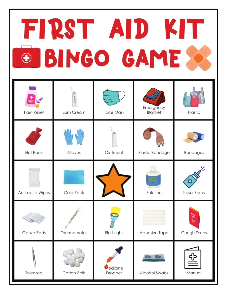 First aid bingo card 5: pain relief, burn cream, face mask, emergency blanket and 20 more labeled items