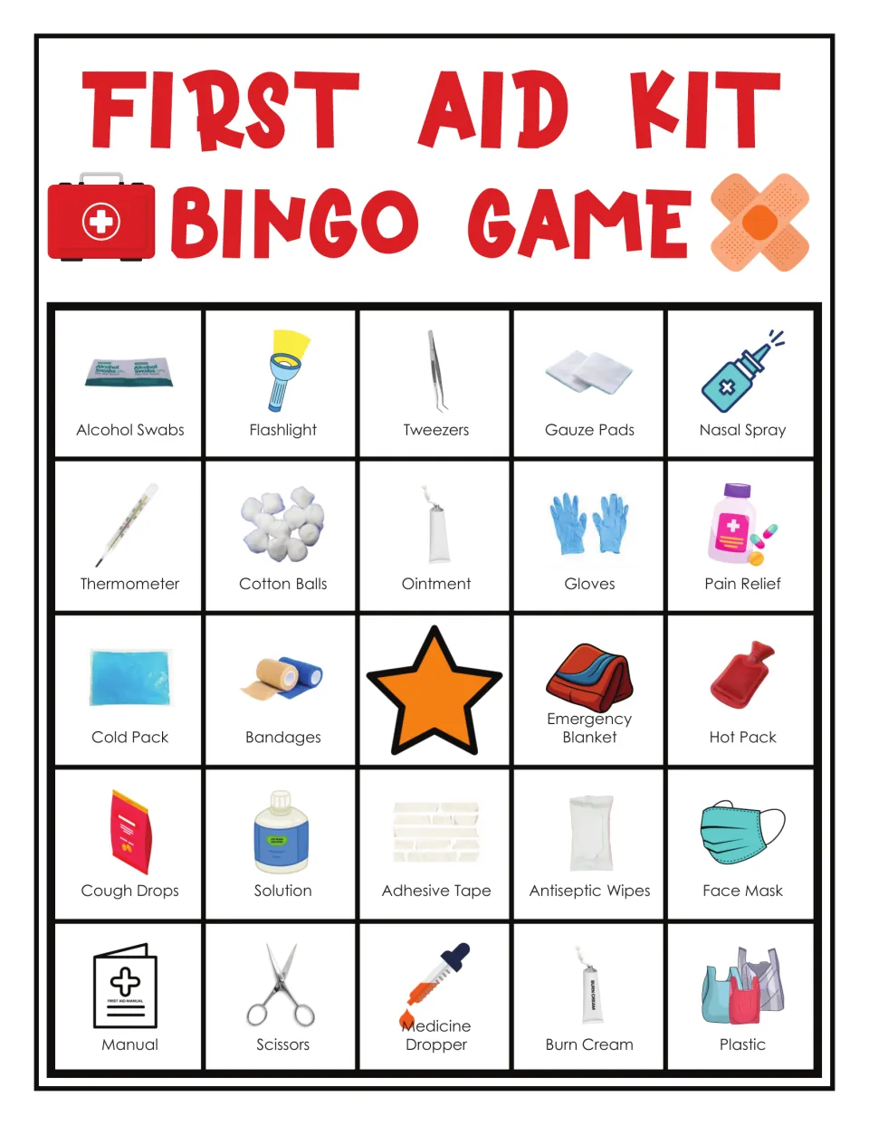First aid bingo card 6: alcohol swabs, flashlight, tweezers, gauze pads and 20 more illustrated items