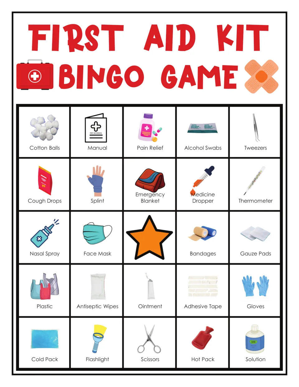 First aid bingo card 7: cotton balls, manual, pain relief, alcohol swabs and 20 more illustrated items