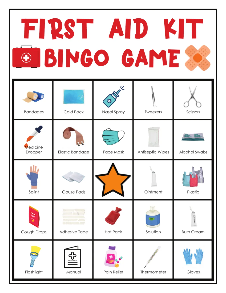 First aid bingo card 8: bandages, cold pack, nasal spray, tweezers, scissors and 19 more labeled items