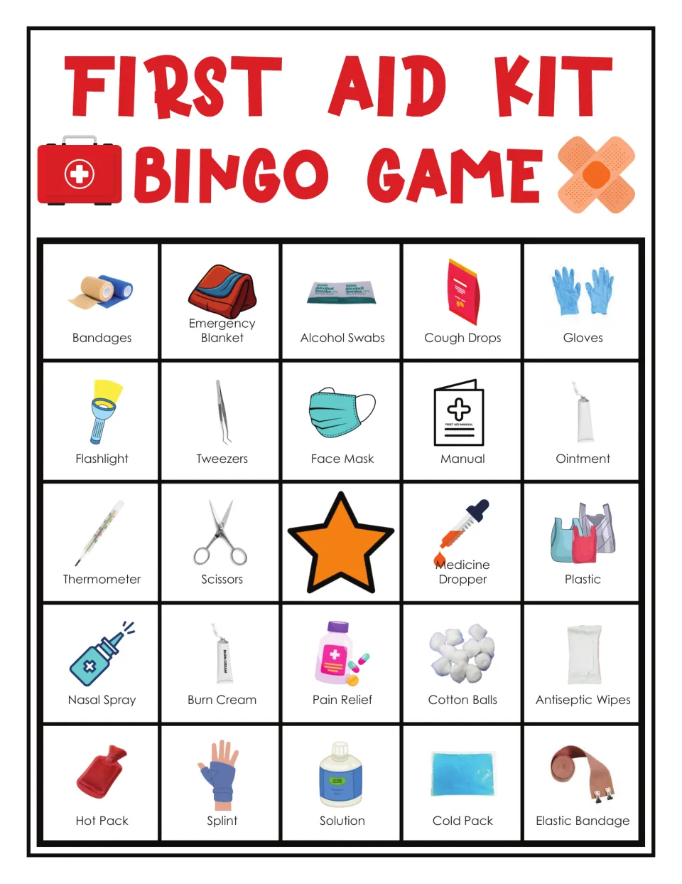 First aid bingo card 9: bandages, emergency blanket, alcohol swabs, cough drops and 20 more labeled items