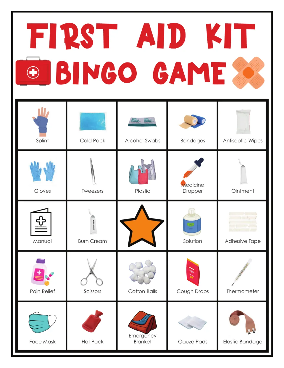 First aid bingo card 10: splint, cold pack, alcohol swabs, bandages and 20 more illustrated, labeled items