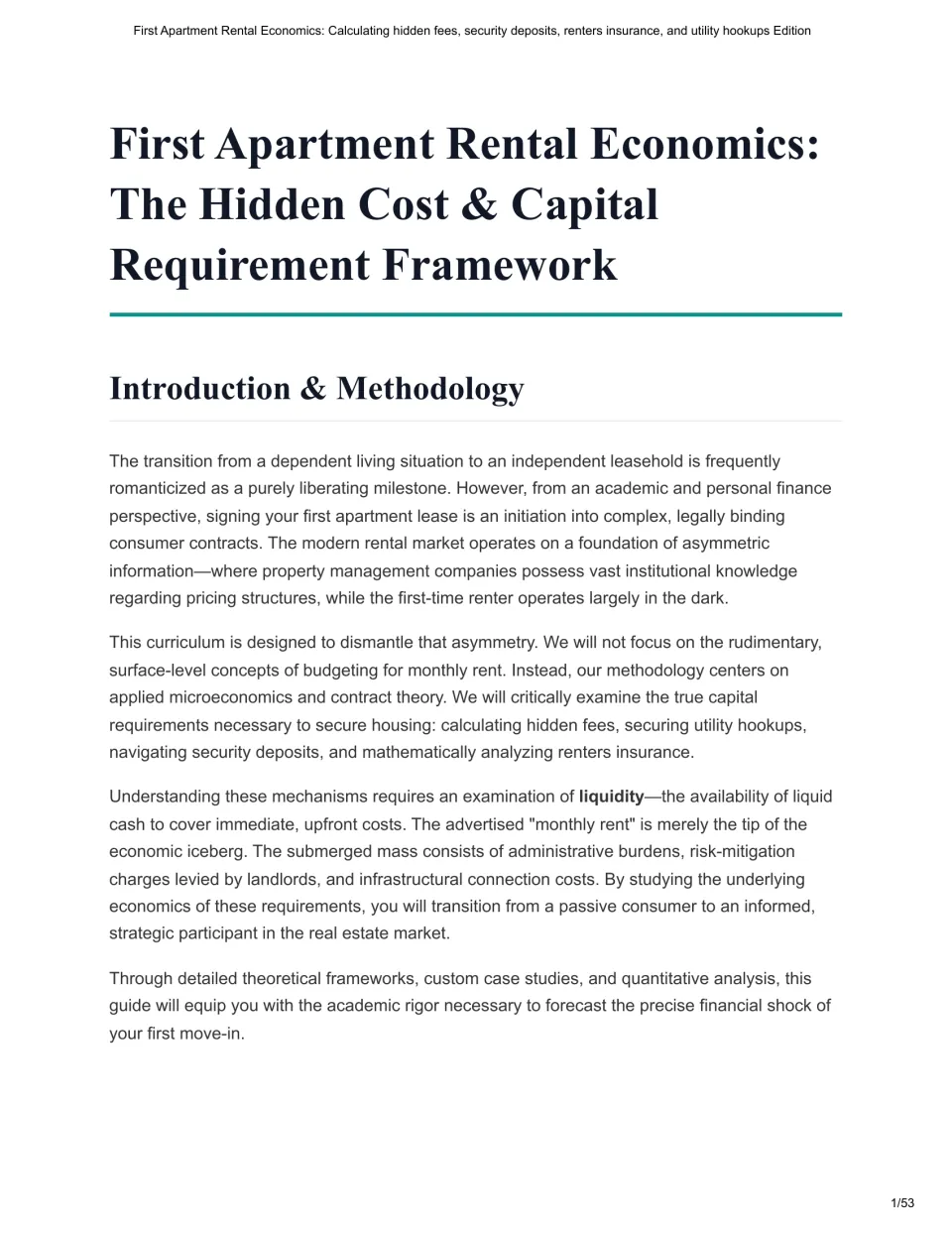 Rental economics introduction explains liquidity and the upfront costs of securing a first apartment.