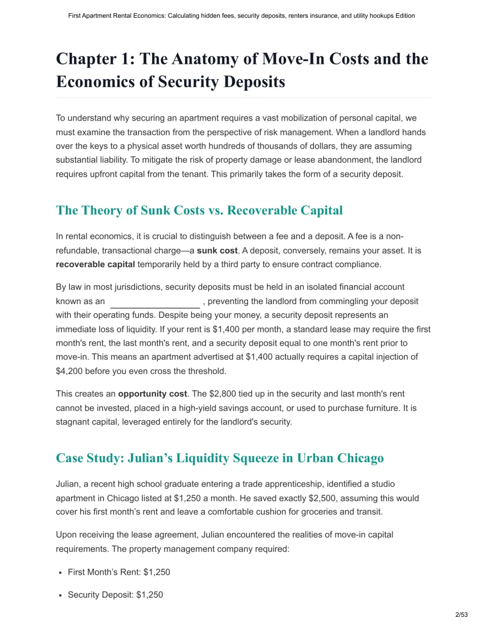 Chapter 1 introduces move-in costs, security deposits, sunk costs, and Julian's apartment rental case study.