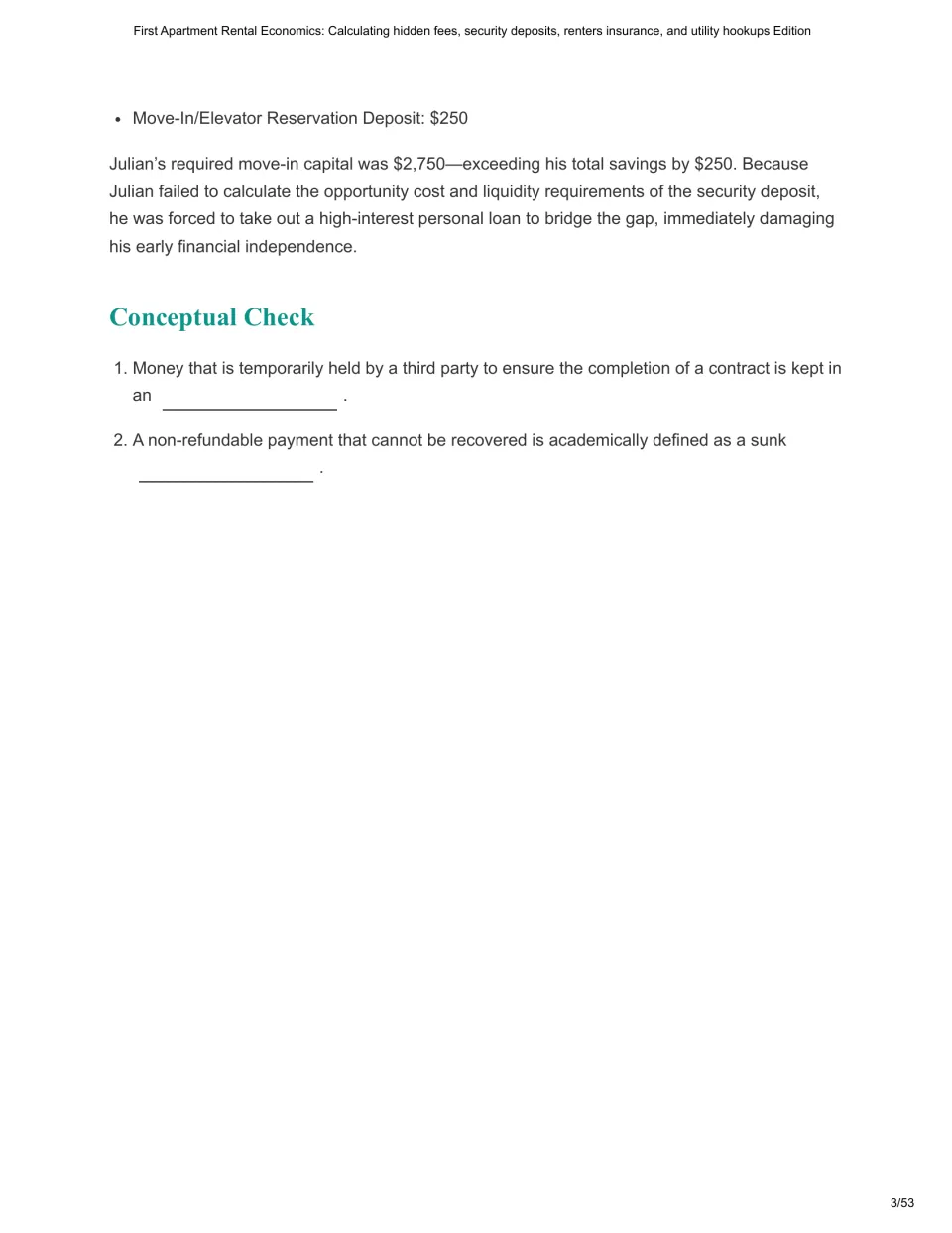 Chapter 1 concludes Julian's $2,750 move-in example and checks vocabulary for escrow accounts and sunk costs.