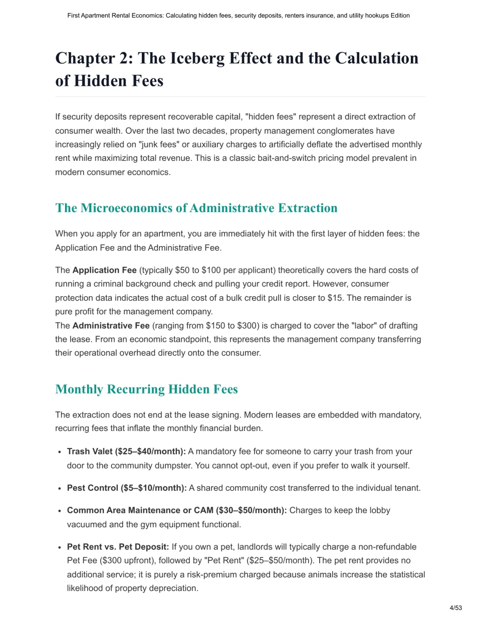 Chapter 2 explains hidden rental fees, including application charges, trash valet, pest control, and pet rent.