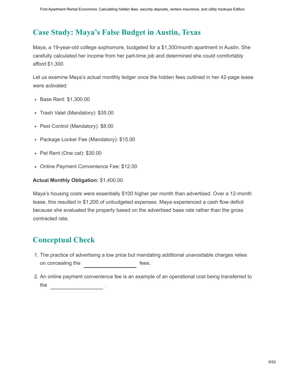 Chapter 2 uses Maya's $1,300 rent and $1,400 monthly total to illustrate hidden fees, followed by two questions.