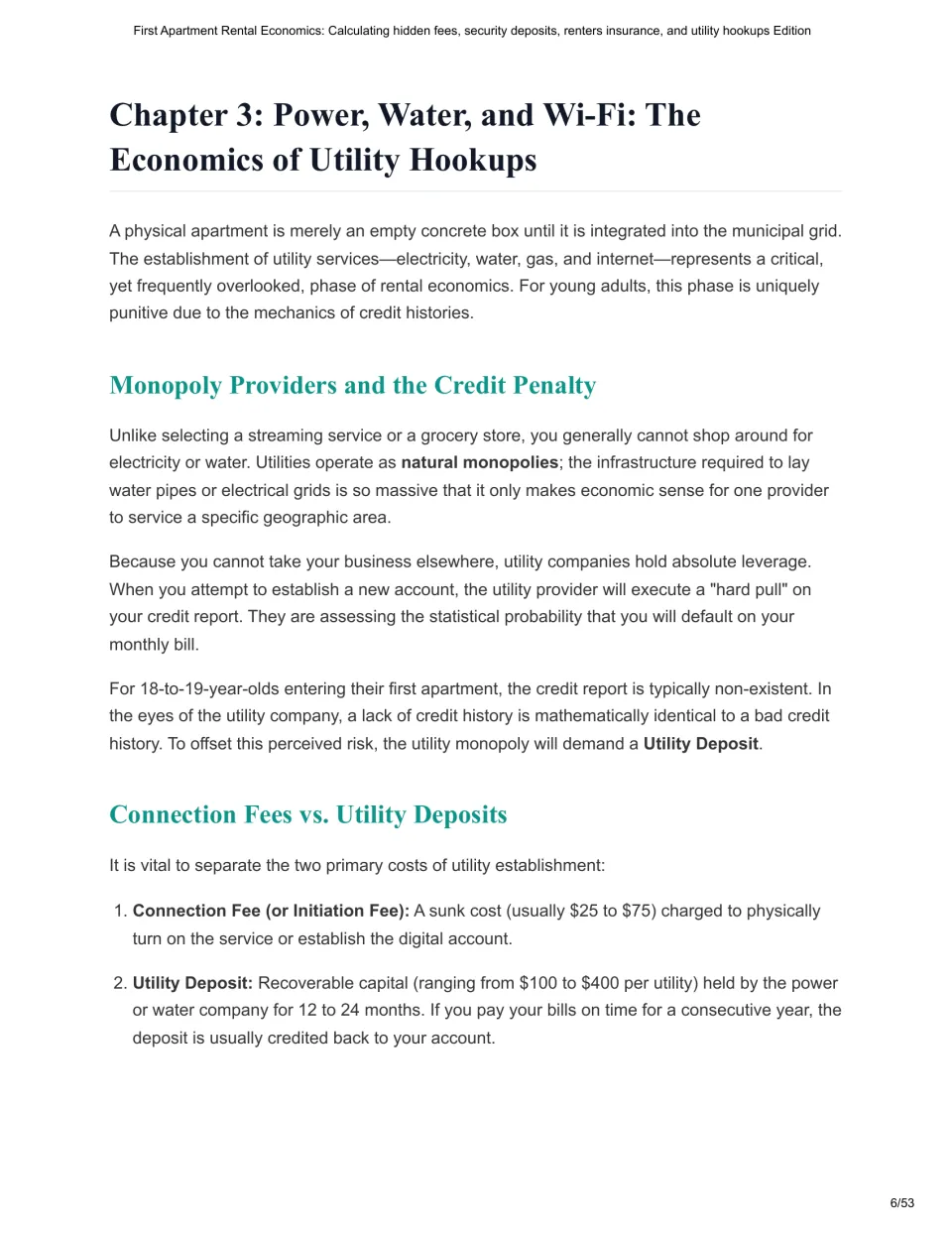 Chapter 3 explains utility hookups, natural monopolies, credit history, connection fees, and utility deposits.