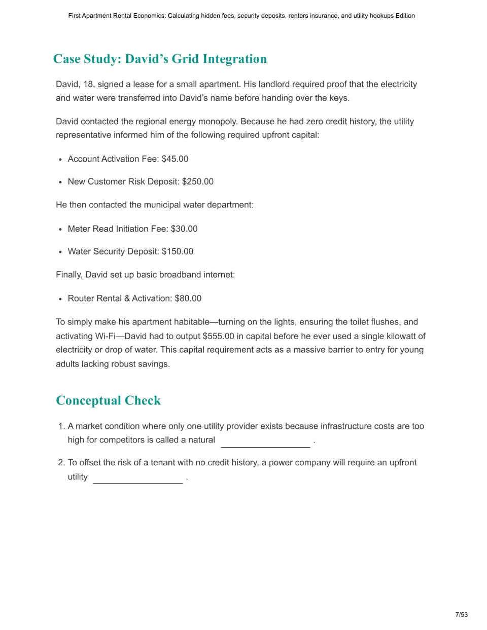 Chapter 3 totals David's utility setup costs at $555 and checks understanding of monopolies and deposits.