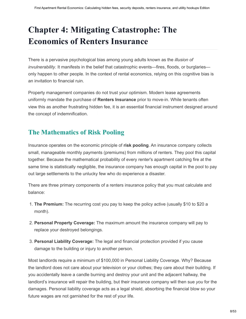 Chapter 4 introduces renters insurance, risk pooling, premiums, personal property coverage, and liability.