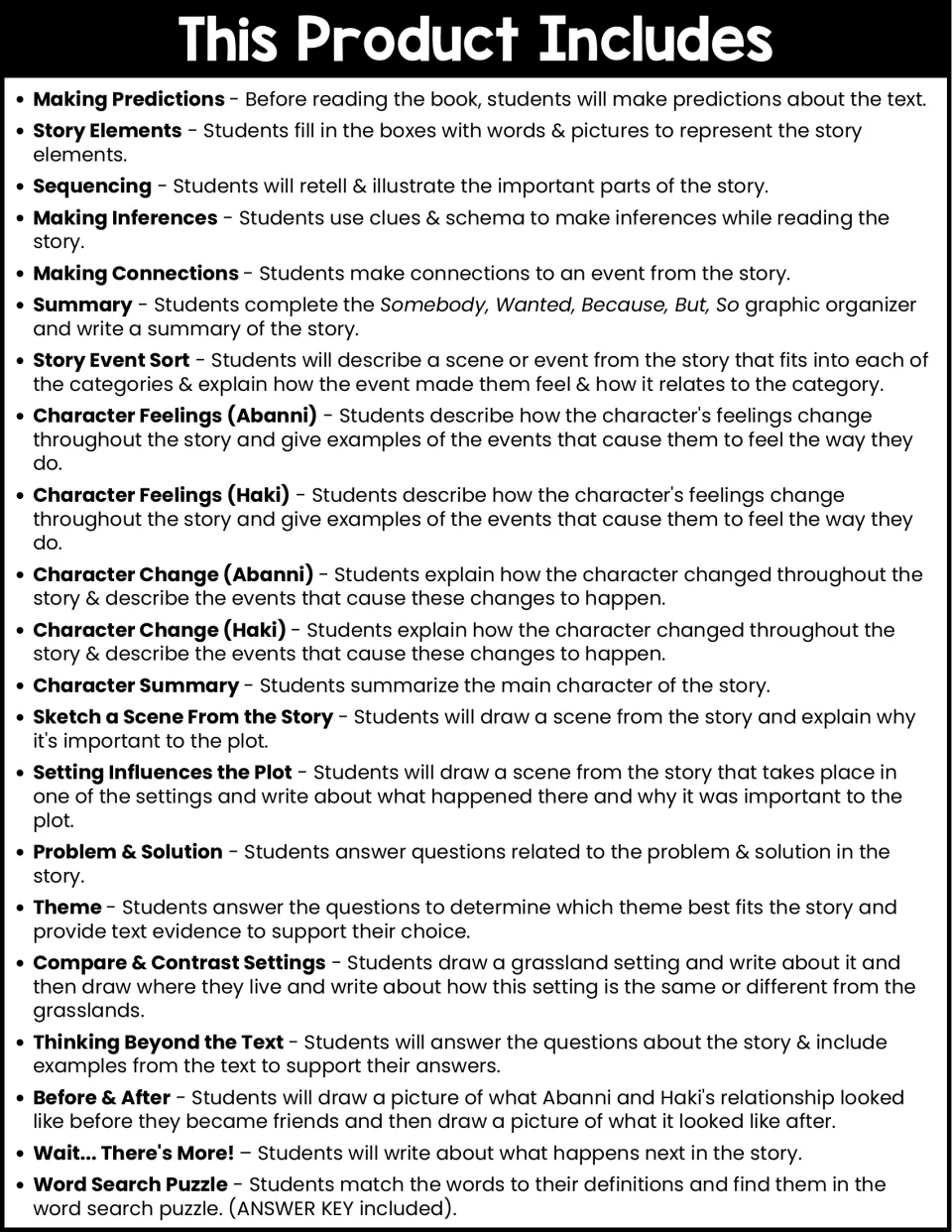 Book companion activity overview lists 21 tasks, including predictions, character studies, theme, and vocabulary