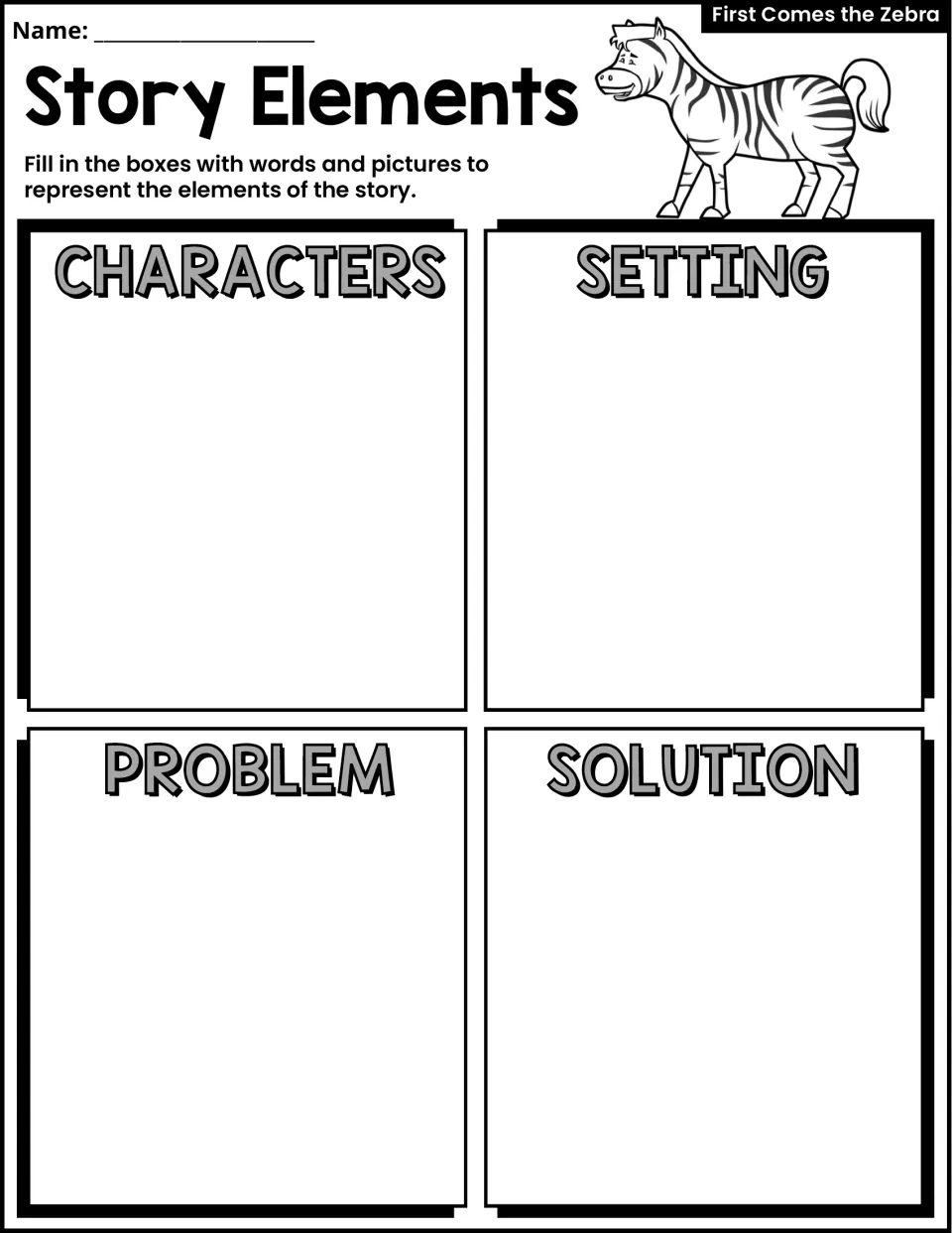 Story Elements activity asks students to represent characters, setting, problem, and solution in words and pictures