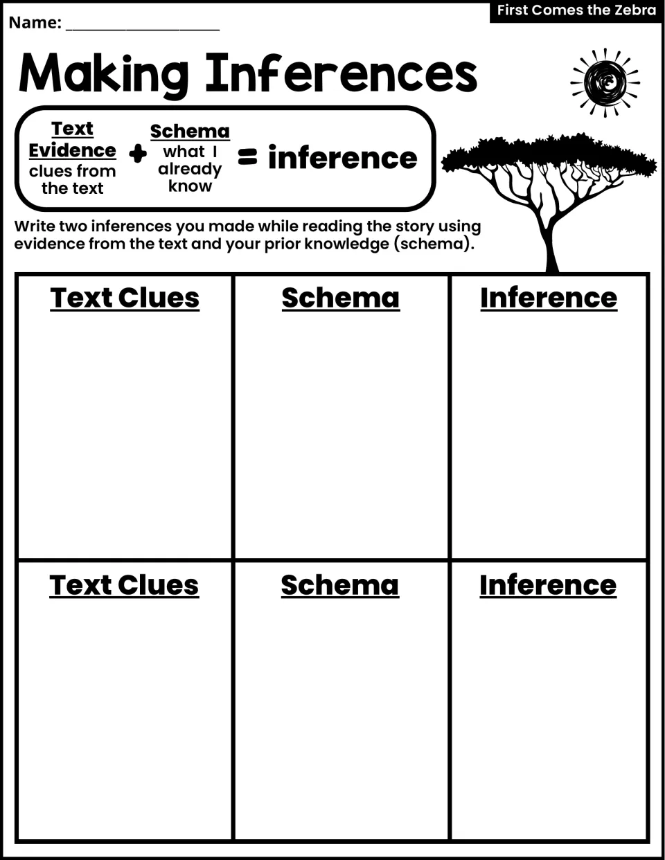 Making Inferences activity asks for two inferences using text clues and schema, defined as prior knowledge