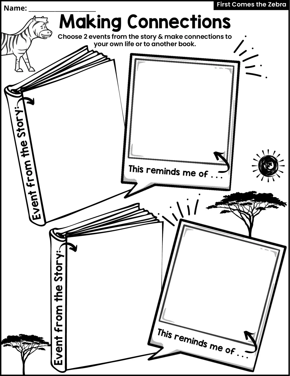 Making Connections activity asks students to connect two story events to their own lives or another book