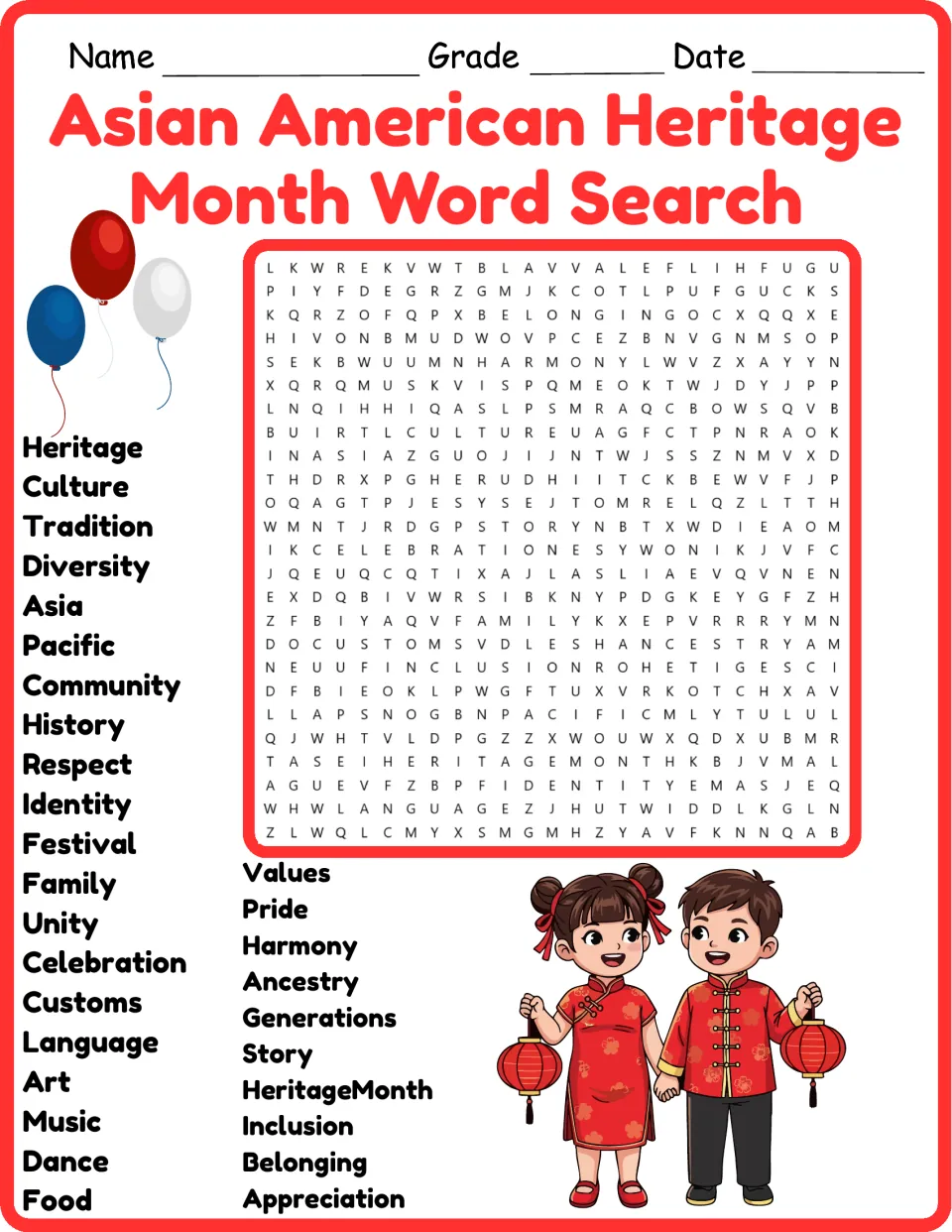 Asian American Heritage Month word search in color: find 30 words such as culture, ancestry, festival and harmony