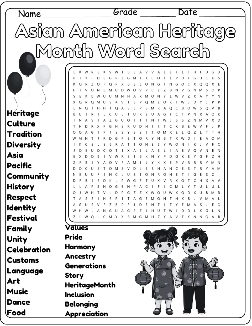 Black-and-white copy of the heritage month word search: find words like identity, tradition, unity and belonging