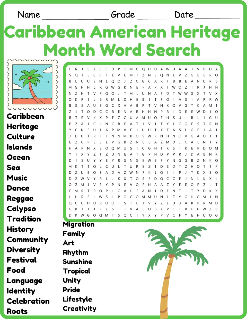Color word search for Caribbean American Heritage Month: 30 words including heritage, culture, music, and roots