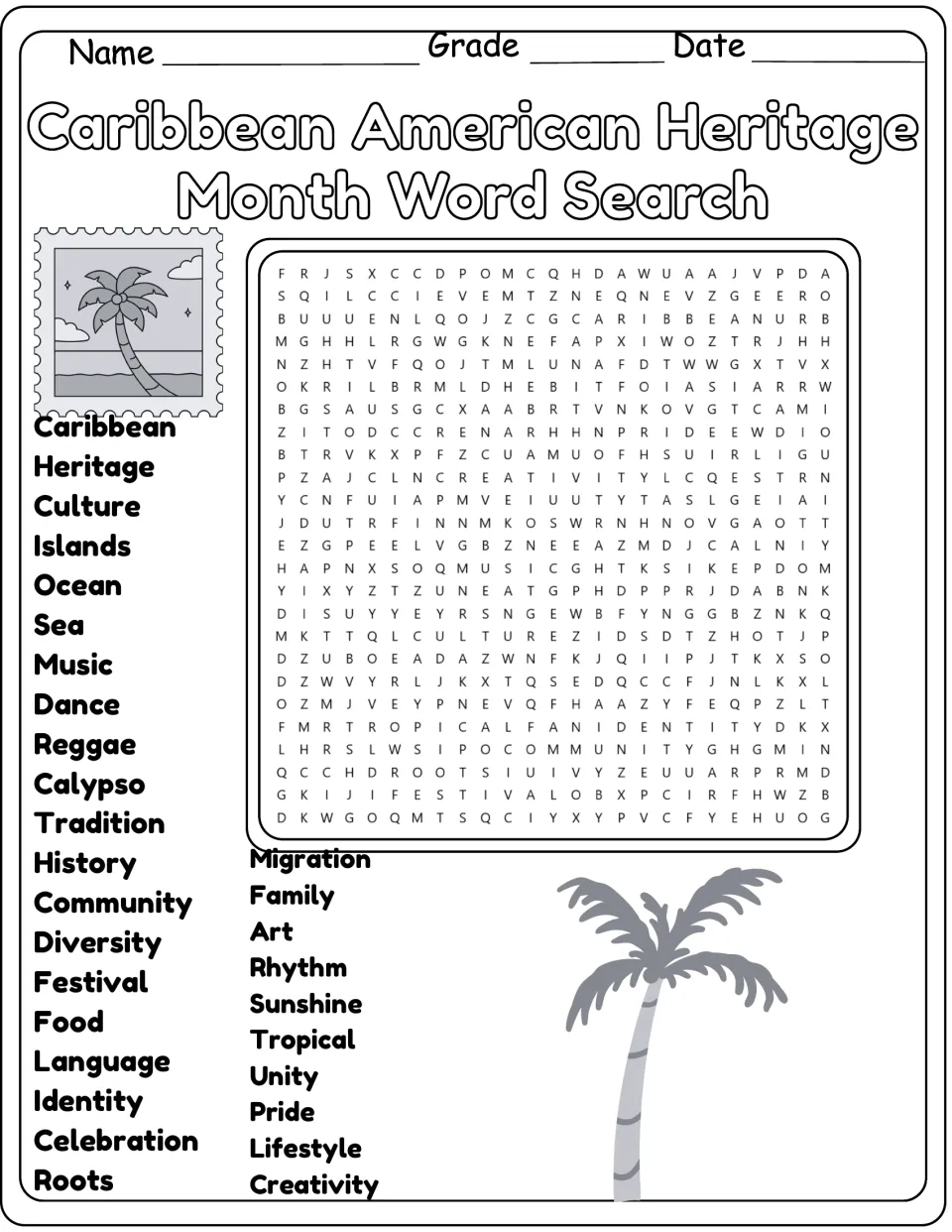 Black-and-white version of the 30-word heritage word search, including migration, family, rhythm, and unity