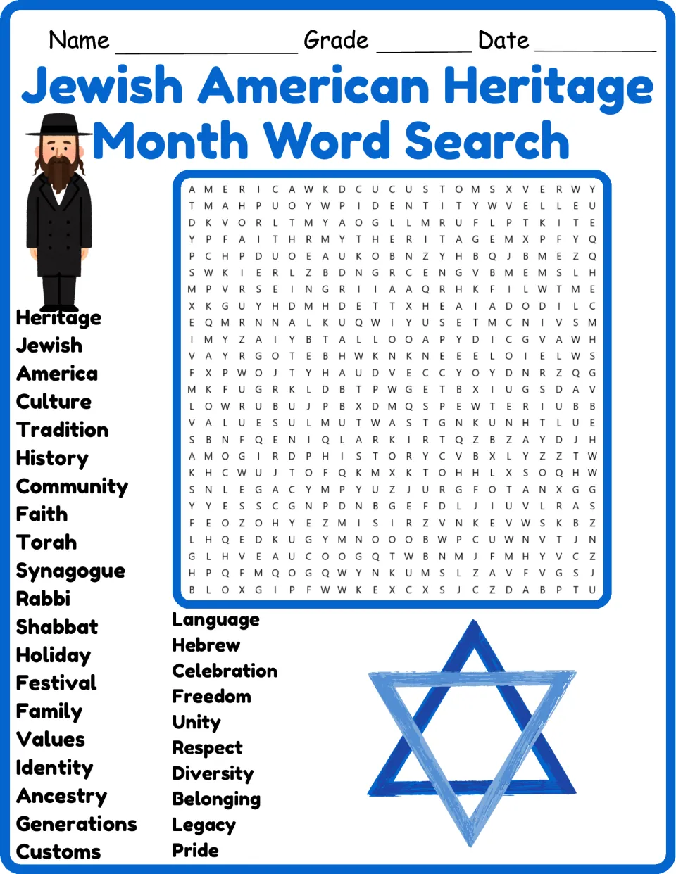 Jewish American Heritage Month word search in color: find 32 words such as Torah, Shabbat, Hebrew and Synagogue