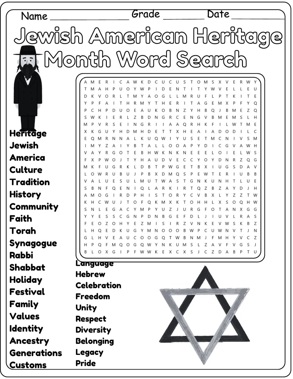 Heritage month word search in black and white: students hunt for Rabbi, Faith, Legacy, Unity and the other listed words