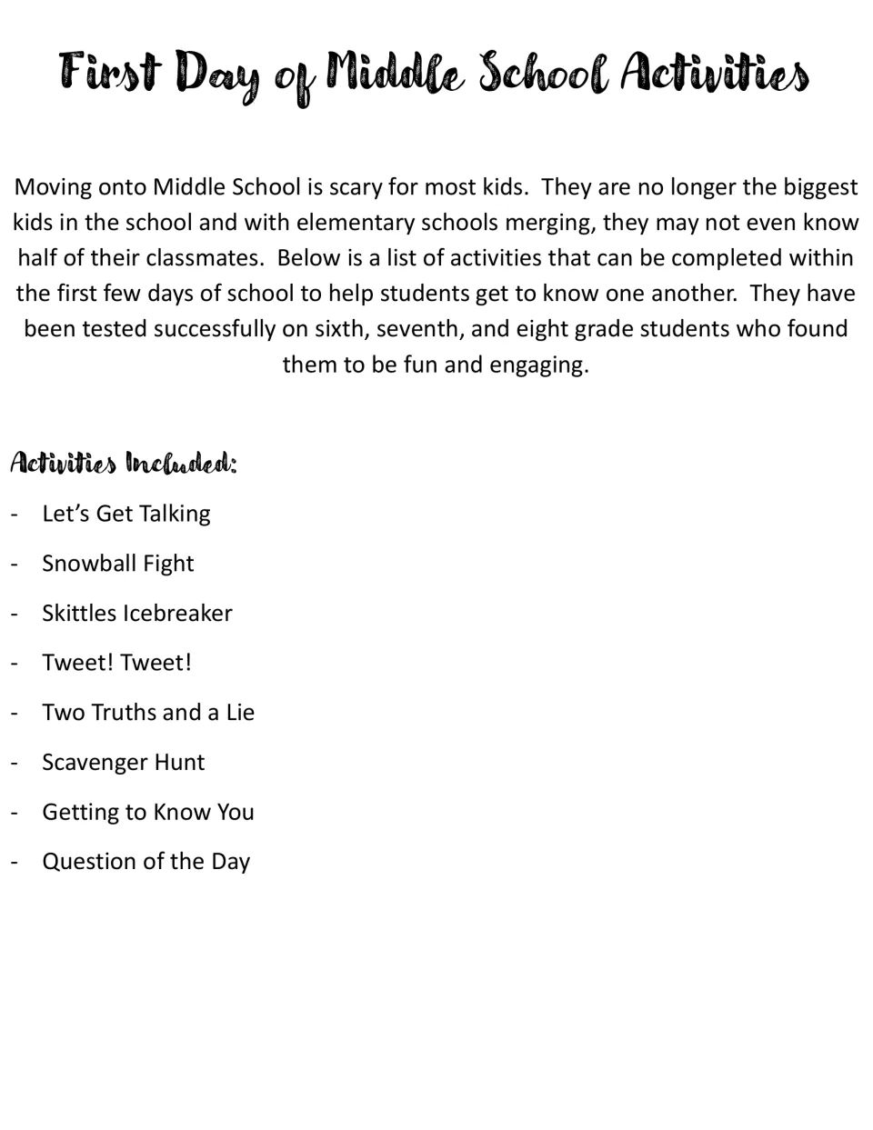 First Day of Middle School Activities title page: intro on getting to know classmates and a list of 8 icebreakers