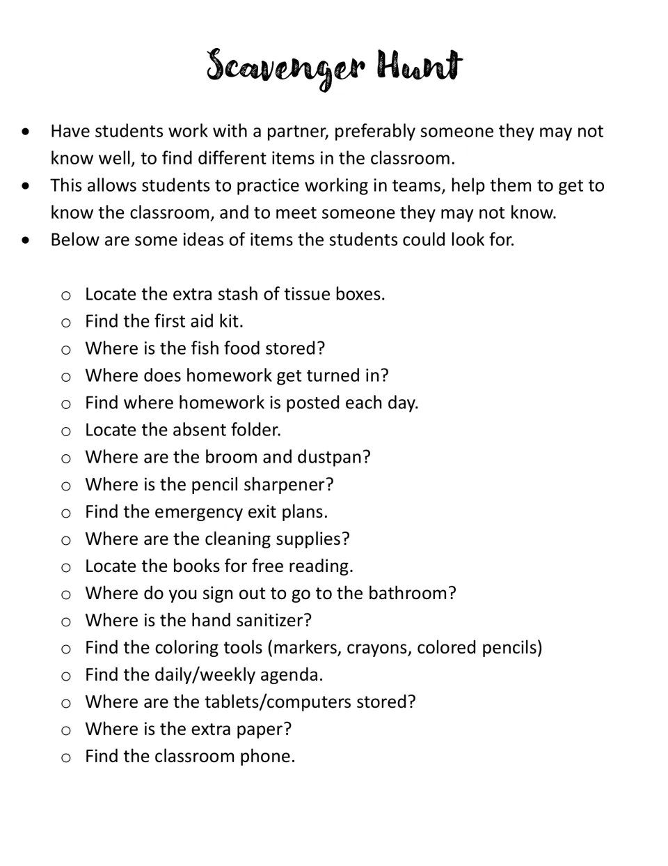 Classroom scavenger hunt: partners locate 18 items such as the first aid kit, absent folder and pencil sharpener