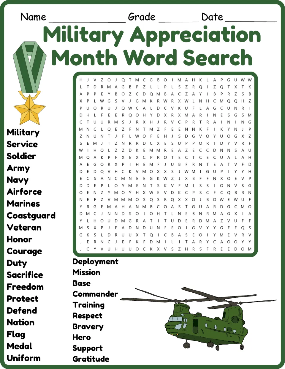 Color version of the military appreciation word search featuring service, soldier, honor, bravery, and gratitude.