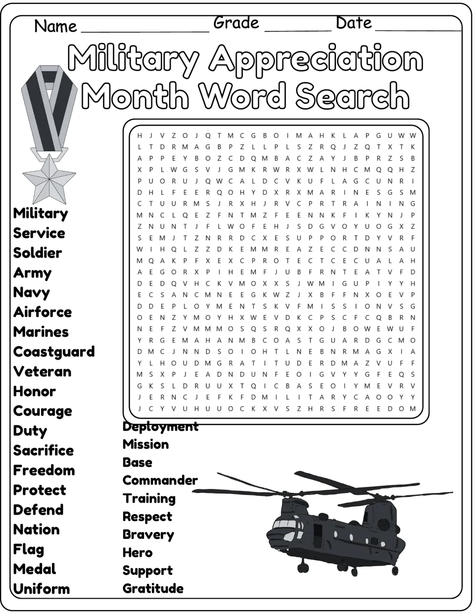 Black-and-white version of the same 30-word military search, including army, navy, respect, and support.