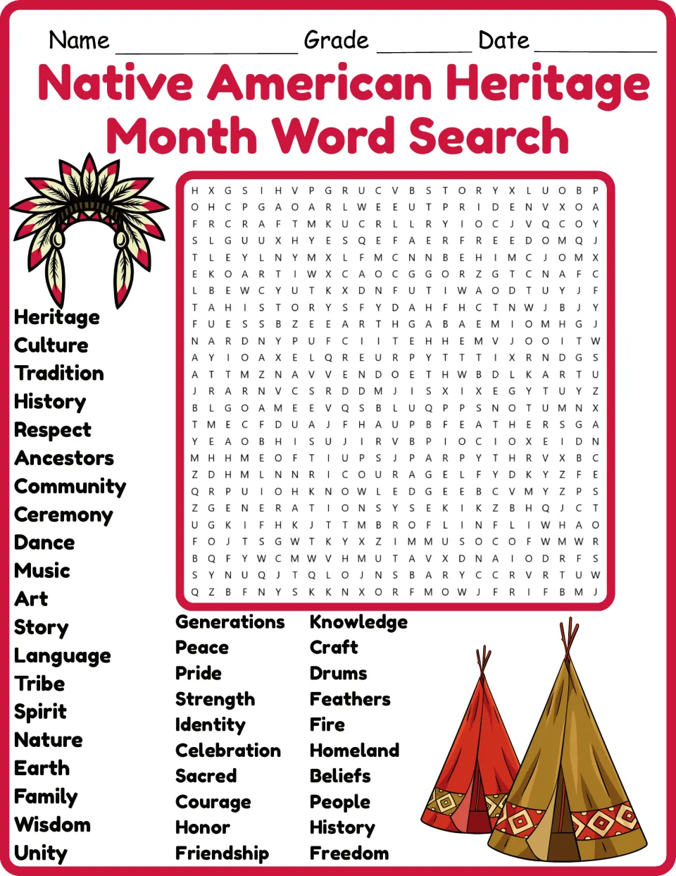 Native American Heritage Month word search in color: students find words like Culture, Ancestors and Ceremony in the grid