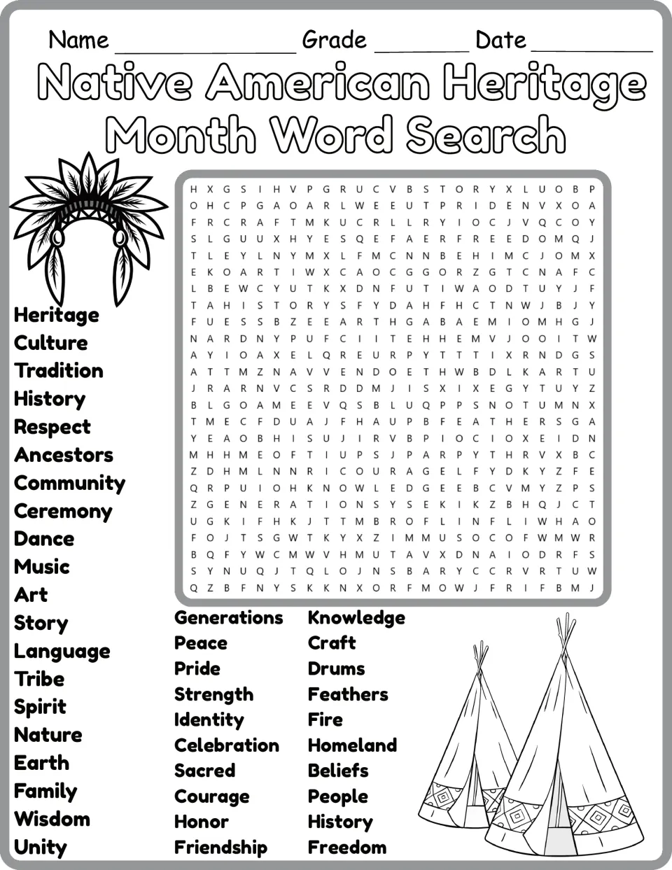 Black-and-white heritage word search: students hunt for words such as Tradition, Community and Homeland in the letter grid