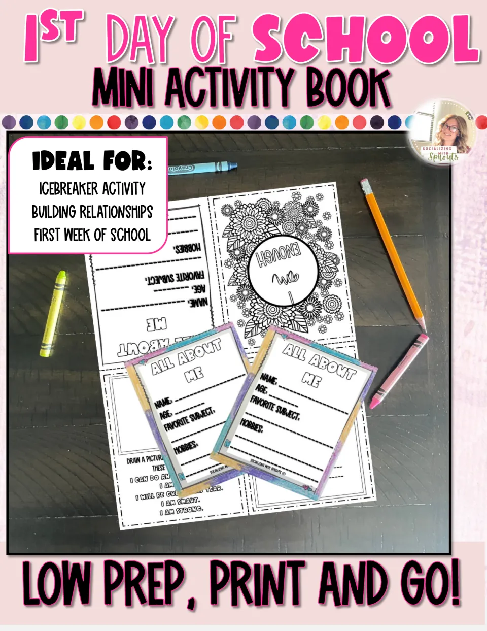 1st Day of School Mini Activity Book cover: printed All About Me booklets for an icebreaker in the first week