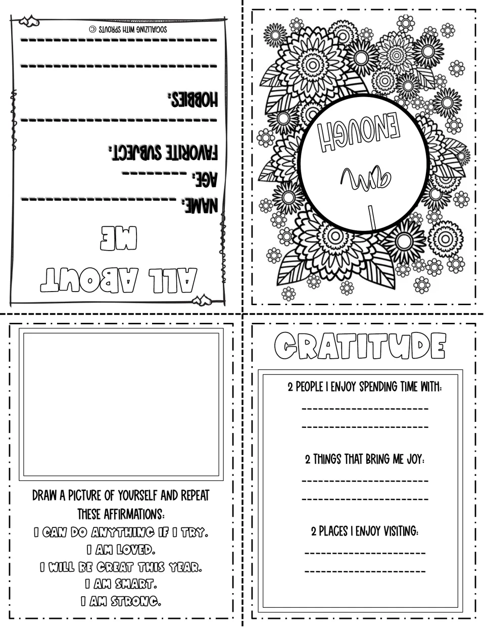 All About Me foldable booklet: name, age, hobbies, I Am Enough coloring, self-portrait, affirmations and gratitude