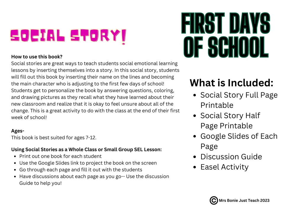 First Days of School social story overview: how to use the book, ages 7-12, and a list of printables, slides and guide