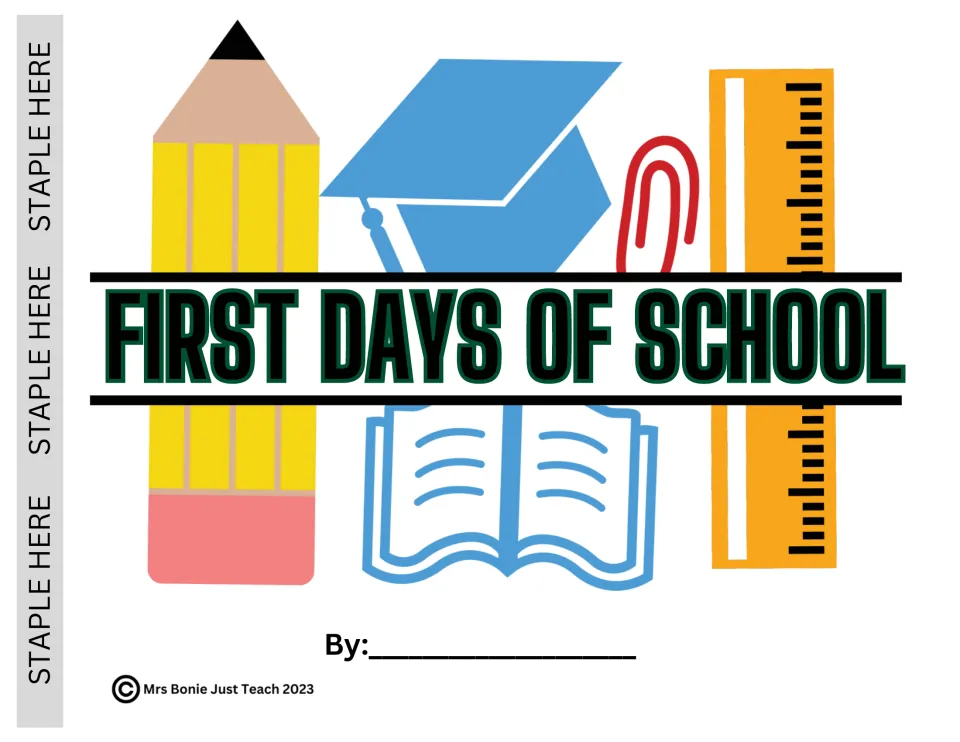 Front page of the student social story, titled First Days of School, with school-supply art and a By line for a name