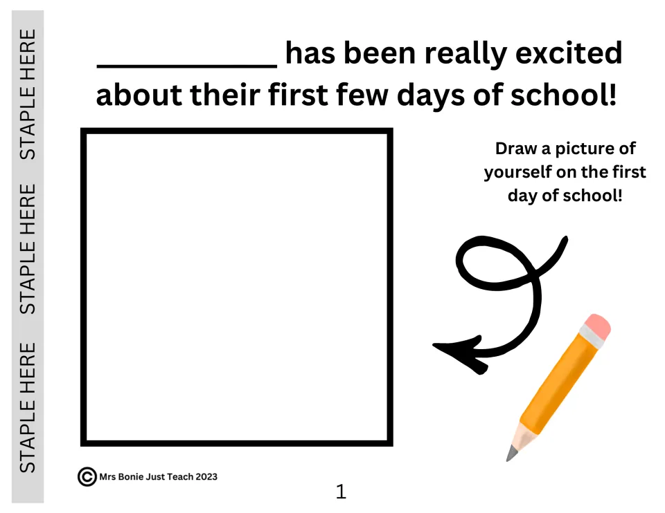 Social story page 1: students write their name in a sentence about feeling excited and draw themselves on the first day