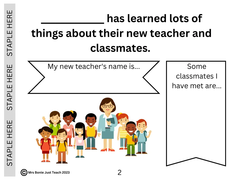Getting to know people: students write their new teacher's name and list some classmates they have met so far