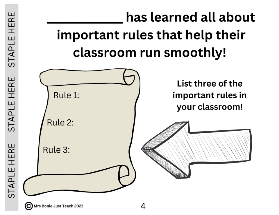 Classroom rules: students list three important rules that help their room run smoothly on a scroll labeled Rule 1 to 3