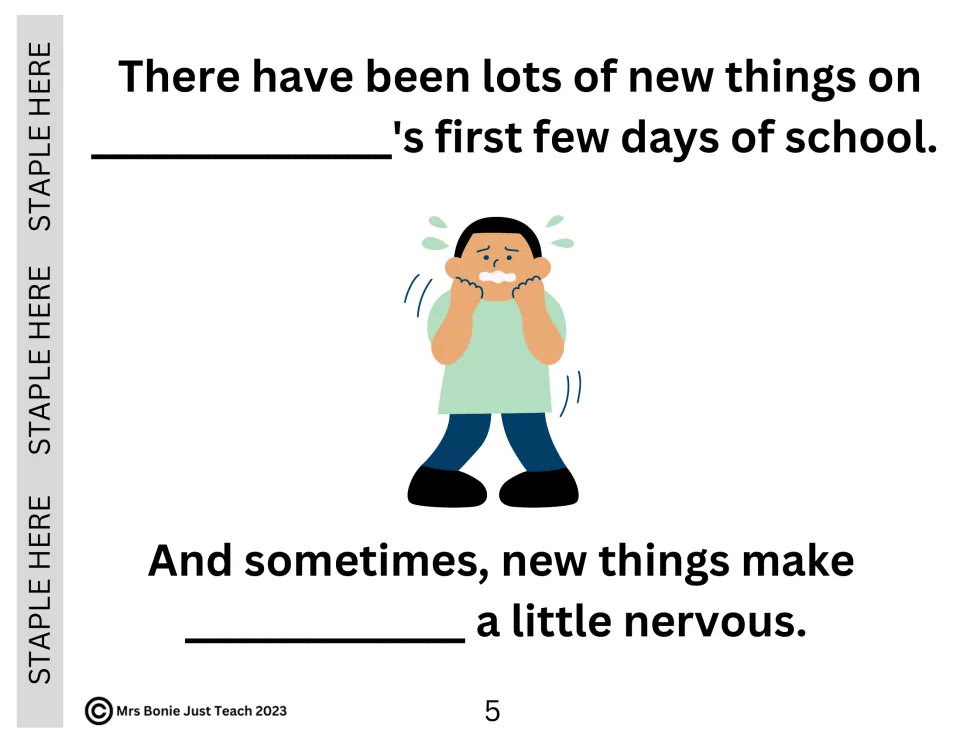 Naming feelings: students add their name to sentences saying new things at school can make them a little nervous