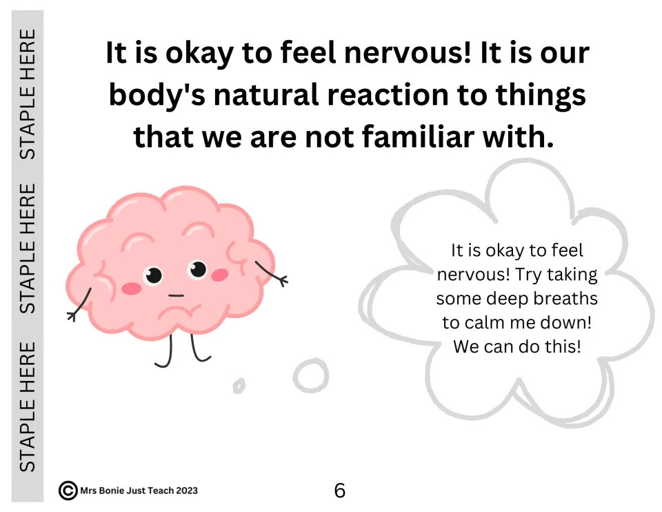 Calming strategy: a worried brain character learns it is okay to feel nervous and to take deep breaths to calm down