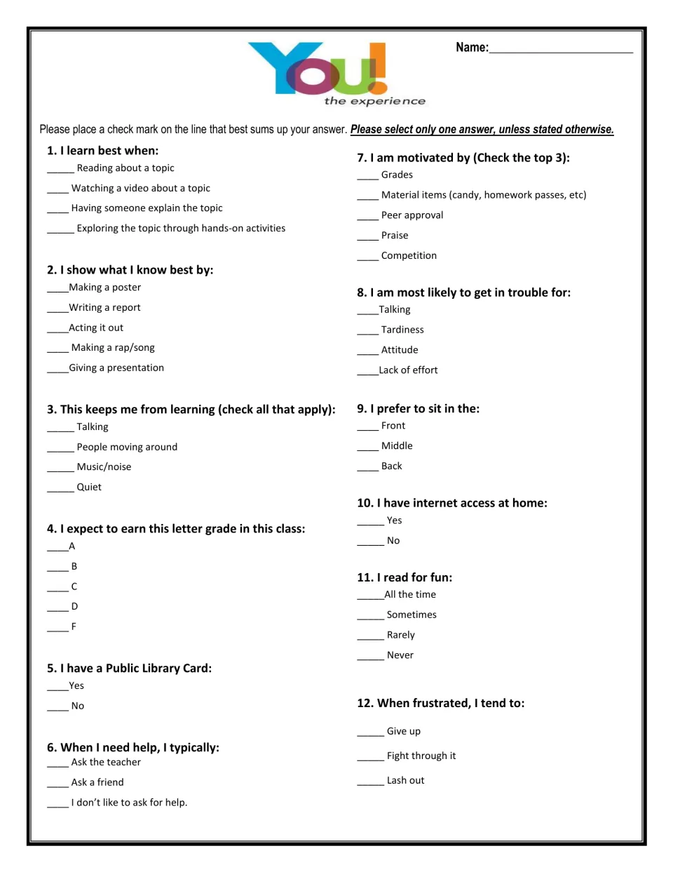 Student survey on learning preferences: students check answers about distractions, motivators, seating and reading habits