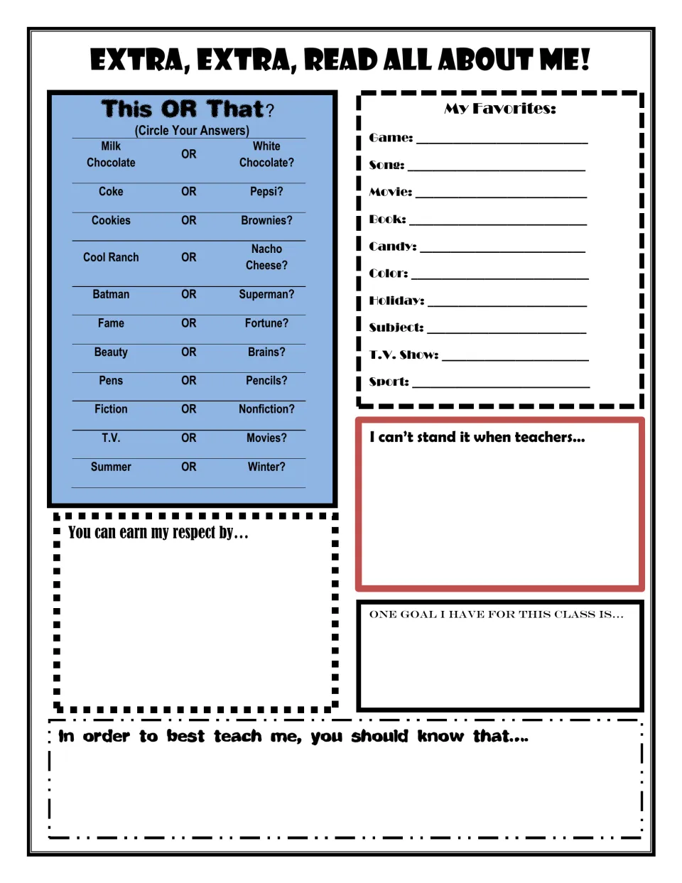 Read All About Me page: students circle This OR That picks, list favorites and share a class goal and how to teach them