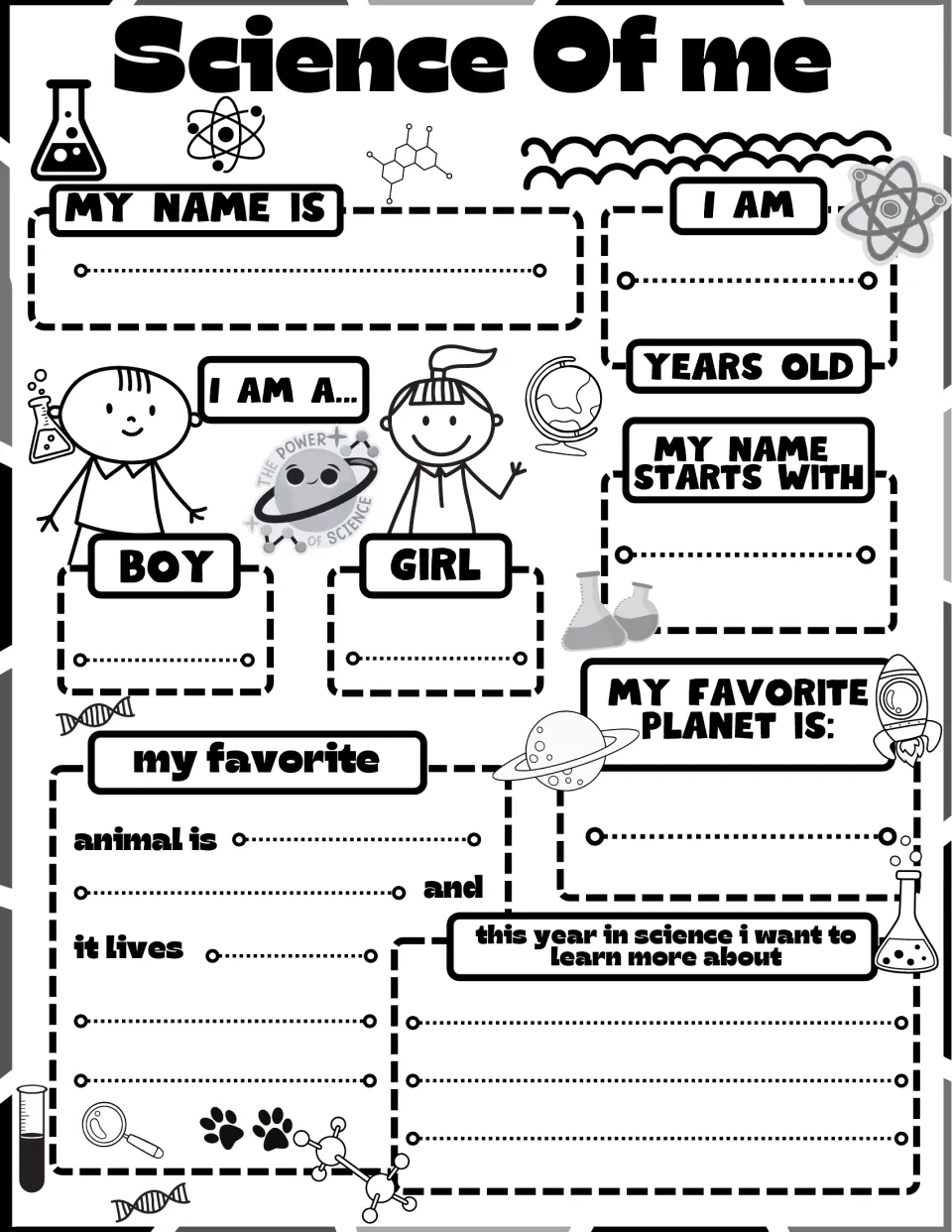 Black-and-white science profile: name, age, boy or girl, first initial, favorite animal and planet, learning goal.