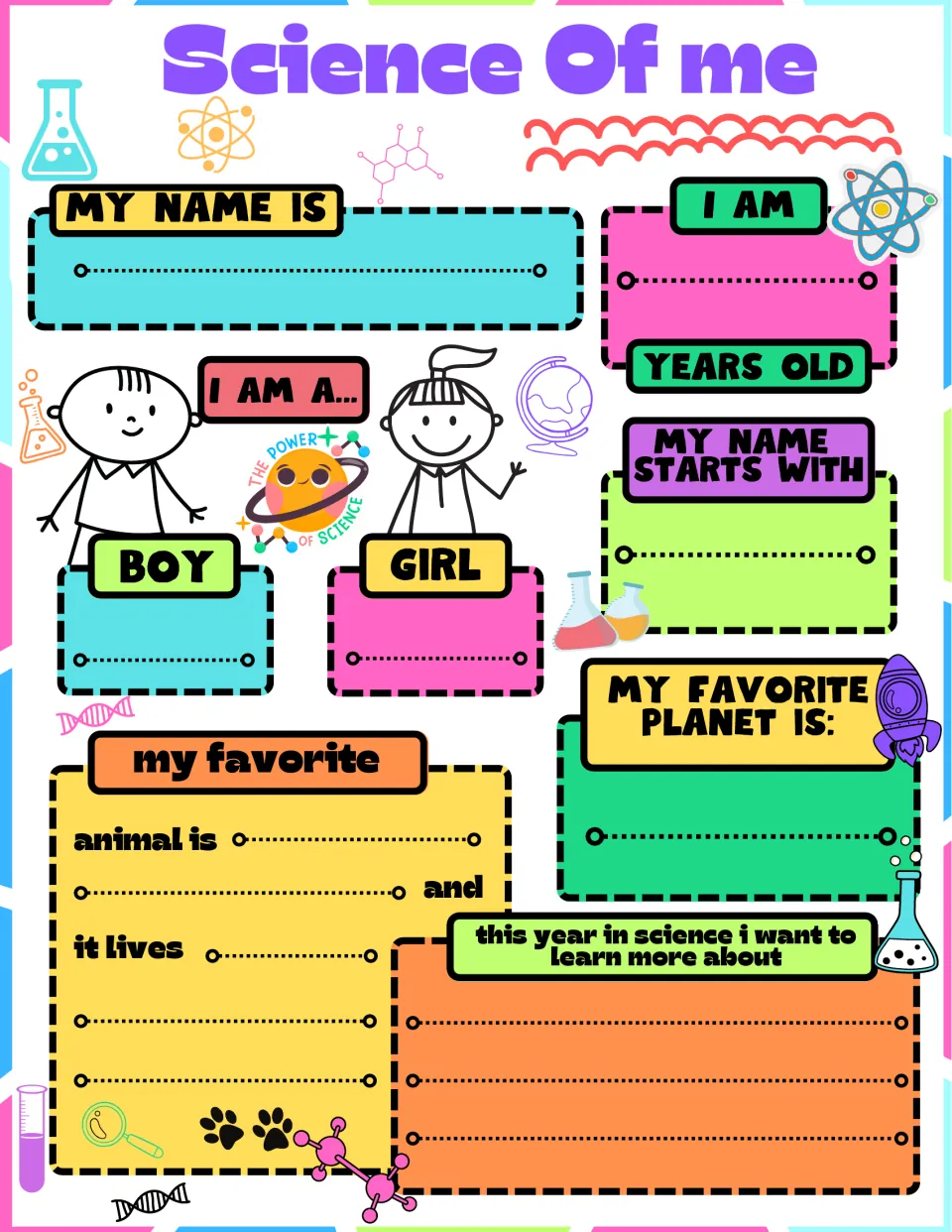 Color version of the science profile: name, age, first initial, favorite animal and planet, and science goal.