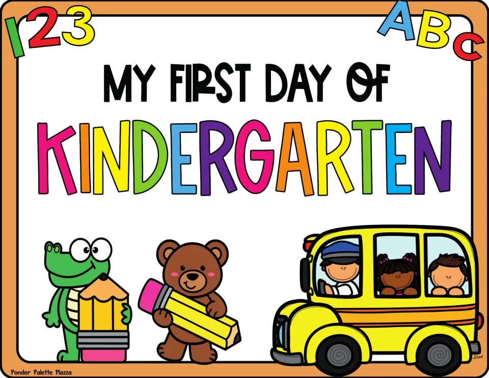 Full-color "My First Day of Kindergarten" photo prop with a crocodile and bear holding pencils beside a school bus