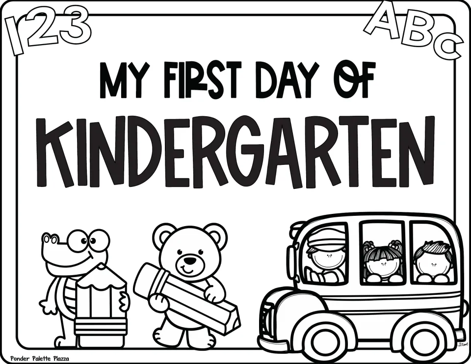 Coloring version of "My First Day of Kindergarten": students color the crocodile, bear, pencils and school bus outlines