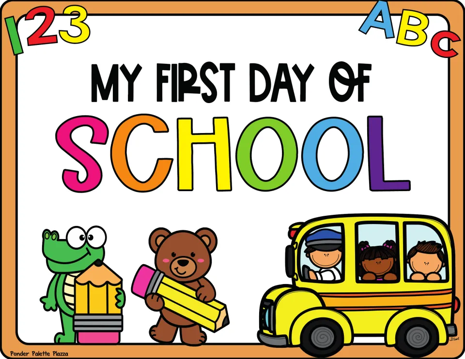 Full-color "My First Day of School" display with rainbow lettering, 123 and ABC, a crocodile, a bear and a school bus