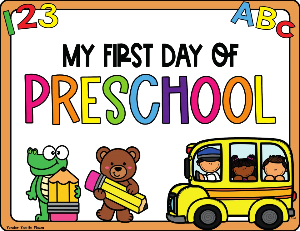 Full-color "My First Day of Preschool" photo prop showing a crocodile and bear with pencils and children on a bus