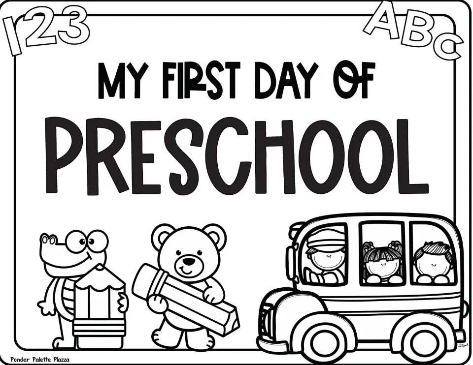 Outline "My First Day of Preschool" page for coloring the crocodile, bear holding a pencil and bus with three riders