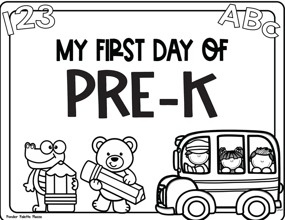 Black-and-white "My First Day of Pre-K" page: children color the letters, crocodile, bear, oversized pencils and bus
