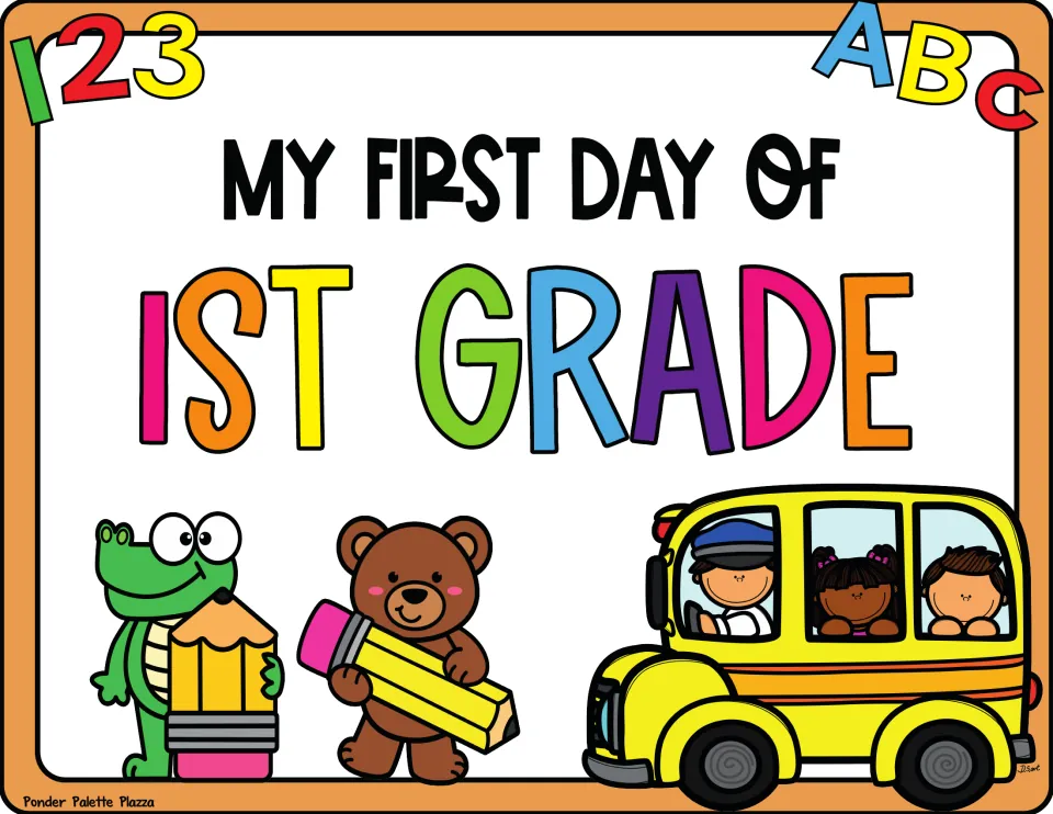 Full-color "My First Day of 1st Grade" photo prop with 123 and ABC, a crocodile, a bear and a bus carrying two children